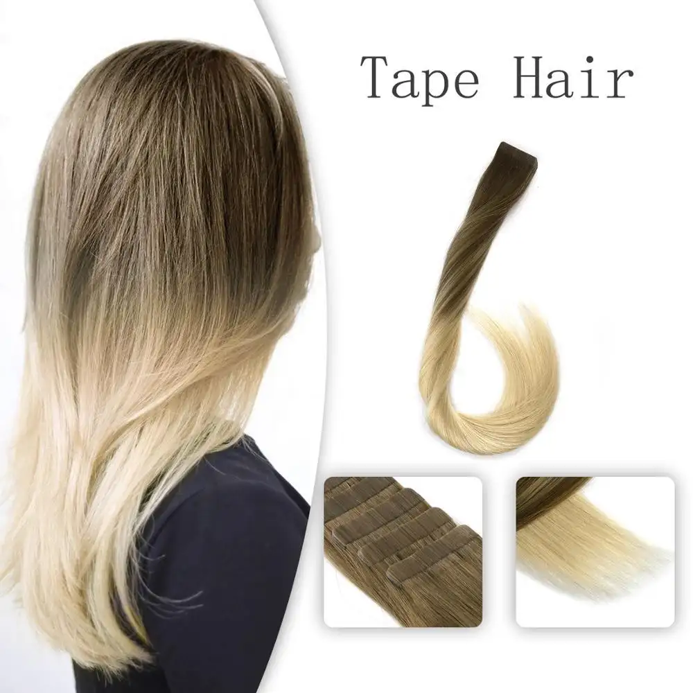 Coffee & Cream Balayage Adhesive Invisible Skin Weft Human Hair Extensions - Image 3